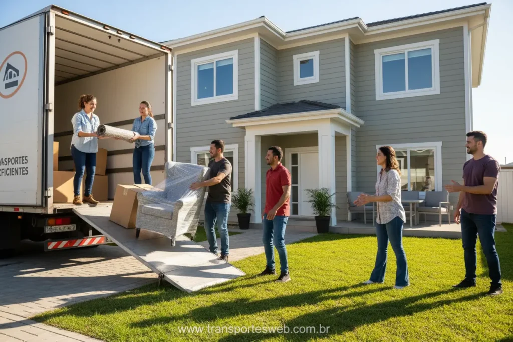 Equipe de mudança descarregando móveis de um caminhão de transporte